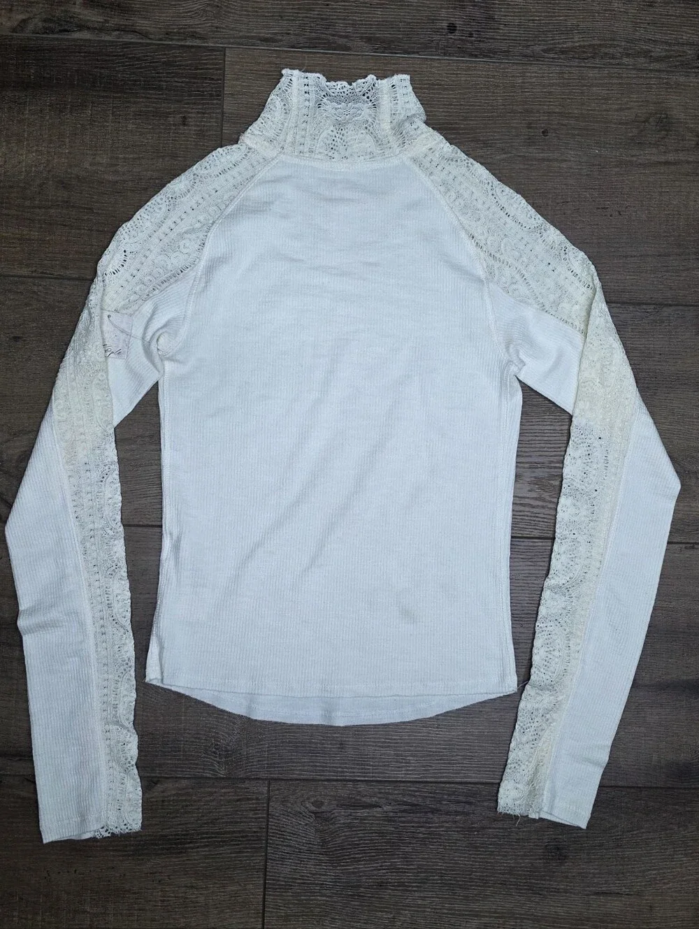Free People Cream Lace-Trim Long Sleeve Top S